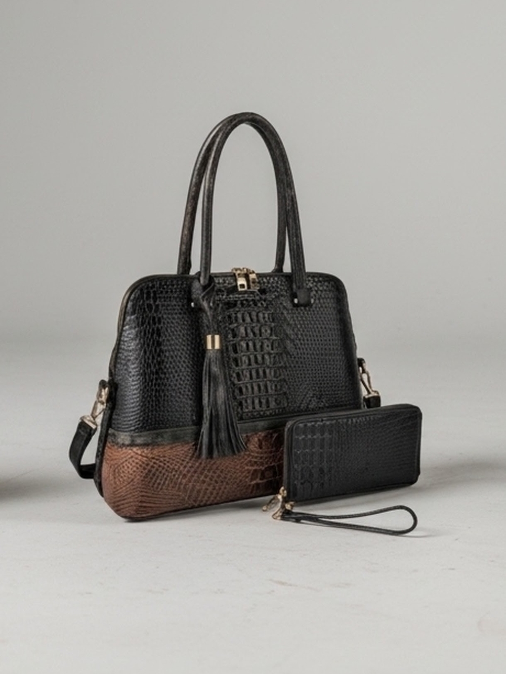 Two-Tone Black and Brown Croc-Embossed Tote with Wristlet